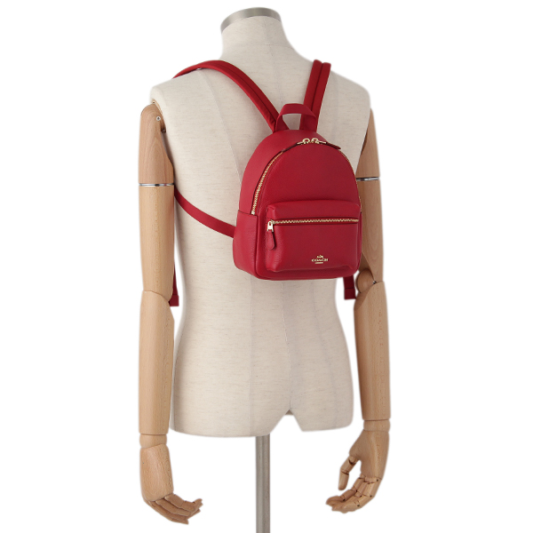 Coach Mini Charlie Backpack In Pebble Leather Light Gold / True Red # F38263
