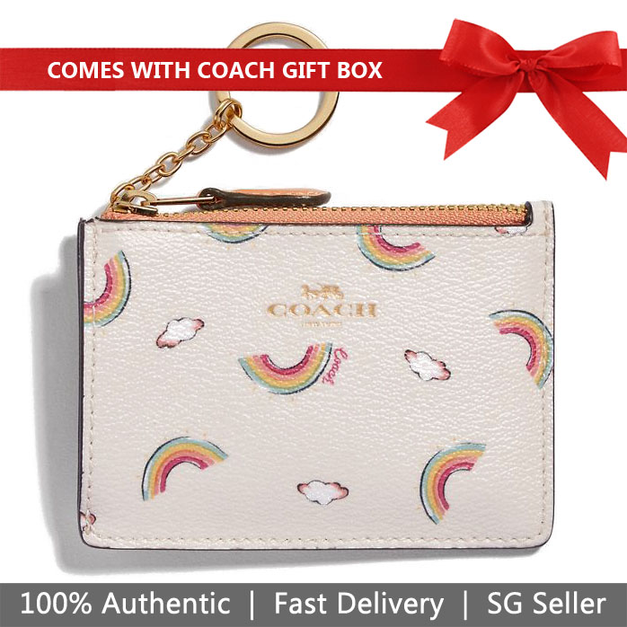 Coach Mini Skinny Id Case With Allover Rainbow Print Chalk White / Light Coral # F73465