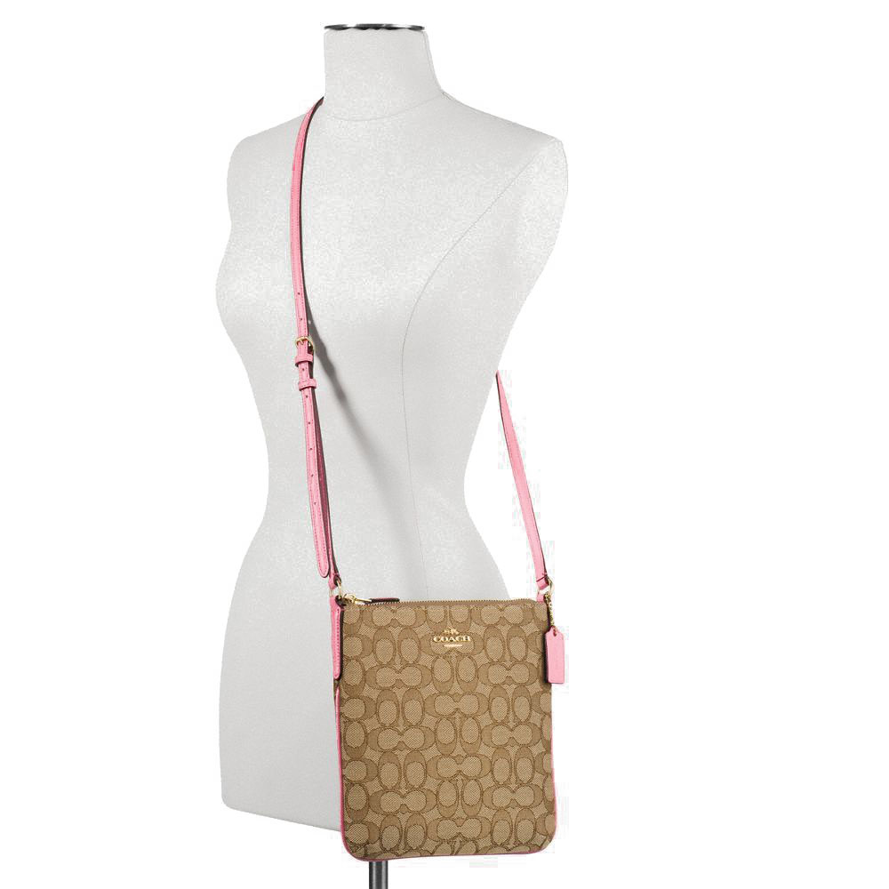 Coach North / South Crossbody In Outline Signature Jacquard Khaki Brown / Blush Pink # F58421