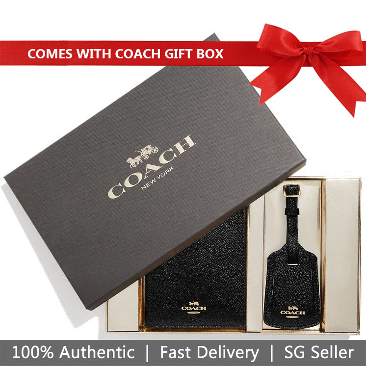 Coach Passport Holder Luggage Tag In Gift Box Boxed Travel Set Black / Gold # F38651