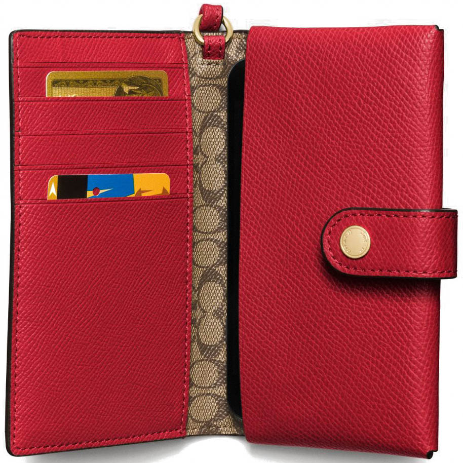 Coach Phone Clutch In Crossgrain Leather Gold / True Red # F53977