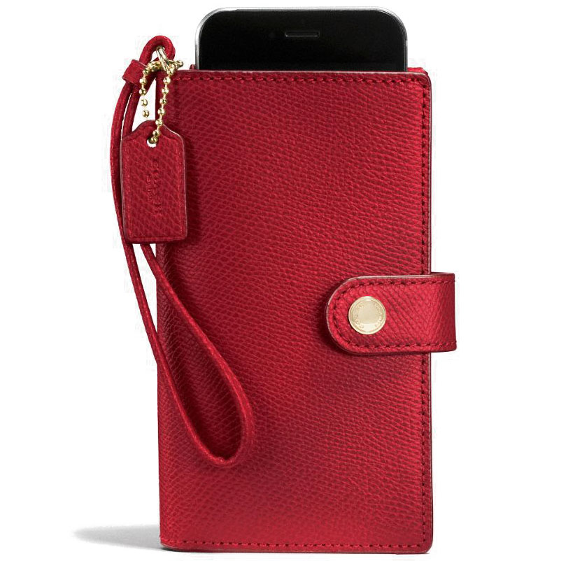 Coach Phone Clutch In Crossgrain Leather Gold / True Red # F53977
