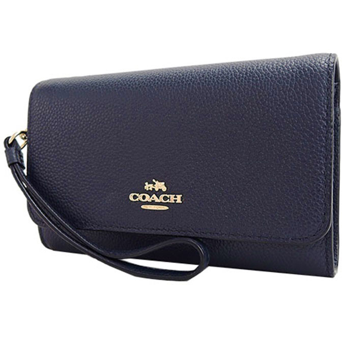 Coach Phone Clutch In Polished Pebble Leather Gold / Navy Blue # 16115B