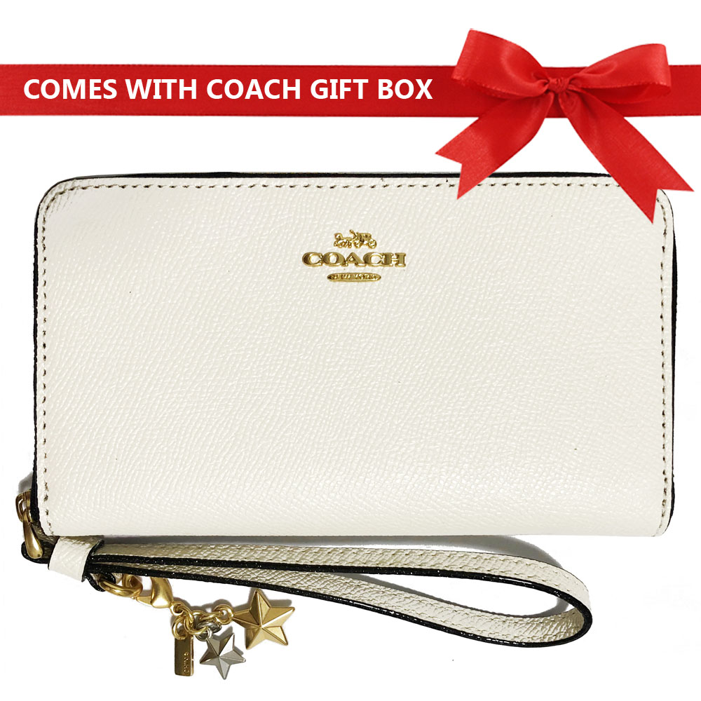 Coach Phone Wallet In Gift Box Phone Wallet With Charms Chalk White / Gold # F29943