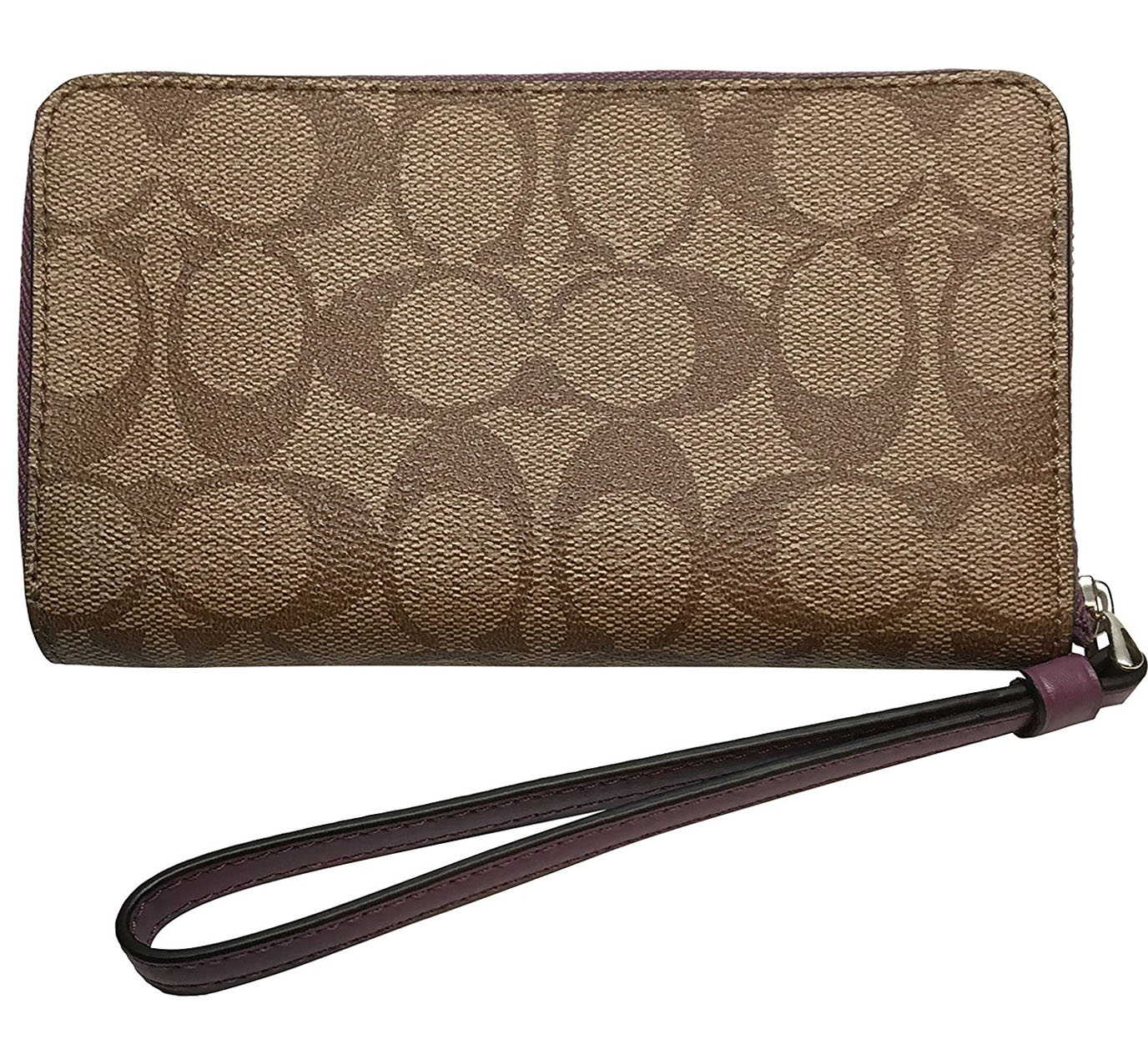 Coach Phone Wallet In Signature Coated Canvas Khaki Oxblood # F57468
