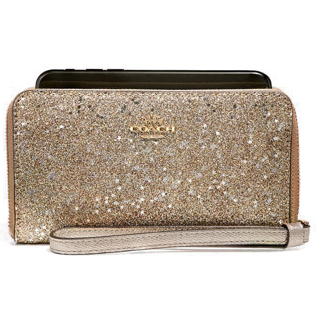 Coach Phone Wallet In Star Glitter Print Champagne Glitter / Gold # F33703