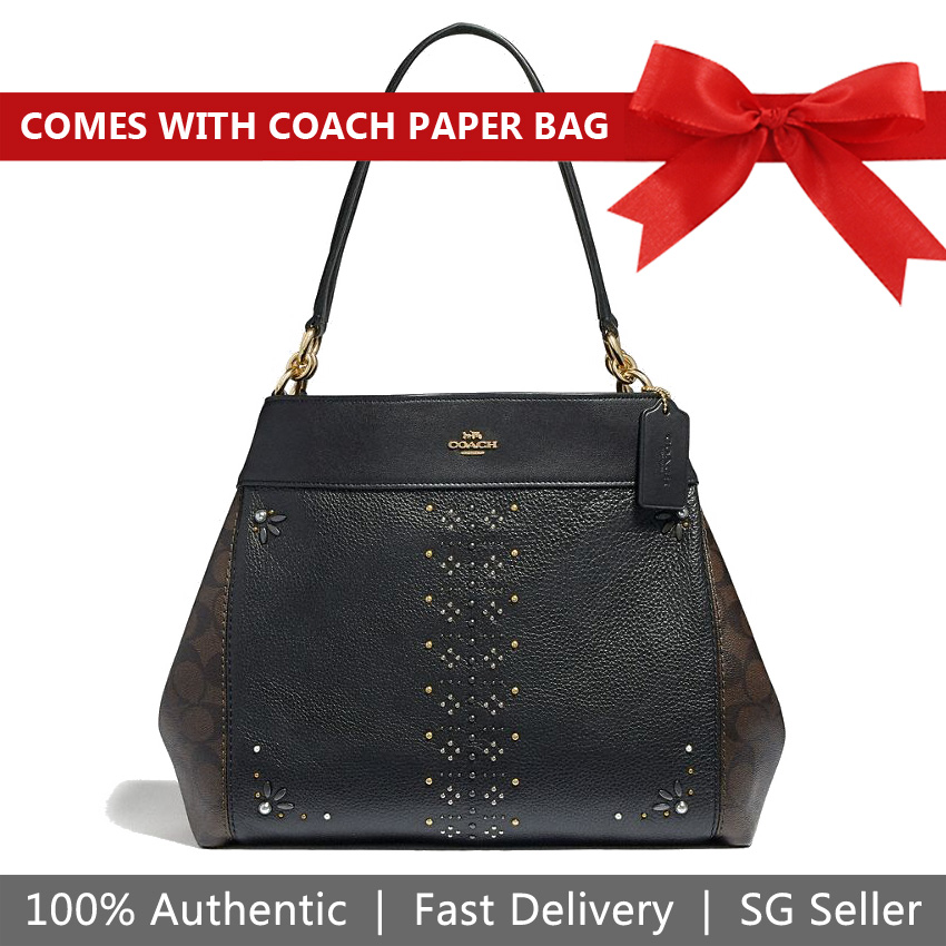 Coach Shoulder Bag Tote Lexy Shoulder Bag In Signature Canvas With Rivets Brown / Black # F32977