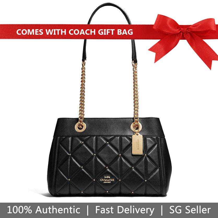 Coach Shoulder Bag With Gift Bag Brooke Chain Carryall With Studded Diamond Quilting Black # F38071