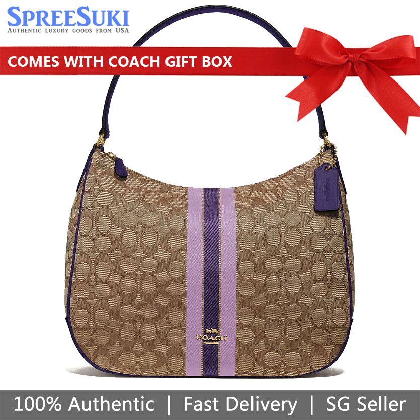 Coach Shoulder Bag With Gift Bag Zip Shoulder Bag In Signature Jacquard With Stripe Khaki Purple # F39042