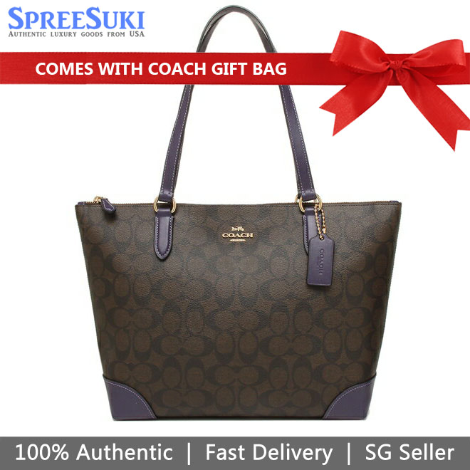 Coach Shoulder Bag With Gift Bag Zip Top Tote In Signature Canvas Brown / Dark Purple # F29208