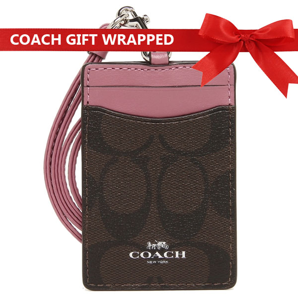 Coach Signature Lanyard Id Case With Gift Wrap Silver / Brown / Azalea Purple # F63274