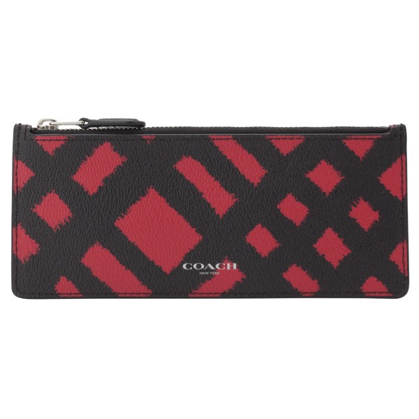 Coach Slim Envelope Wallet With Wild Plaid Print Black / Silver / Red # F23453