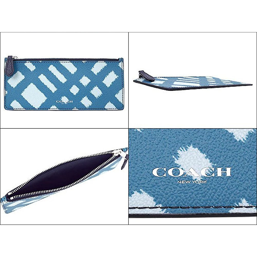 Coach Slim Envelope Wallet With Wild Plaid Print Silver / Blue Multi # F23453