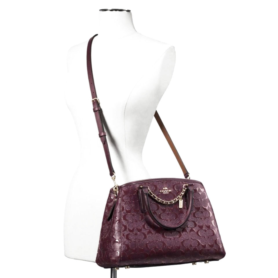 Coach Crossbody Bag Small Margot Carryall In Signature Debossed Patent Leather Oxblood Dark Purple Red Magenta # F55451