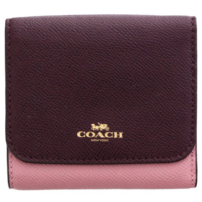 Coach Small Wallet In Geometric Colorblock Crossgrain Leather Gold / Strawberry / Oxblood Multi # F57825