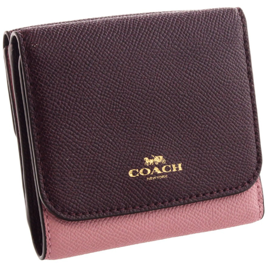 Coach Small Wallet In Geometric Colorblock Crossgrain Leather Gold / Strawberry / Oxblood Multi # F57825