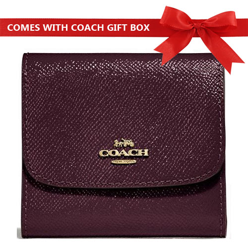 Coach Small Wallet In Gift Box Oxblood Purple / Gold # F31960