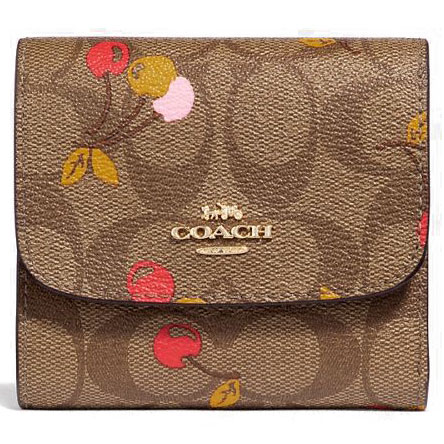 Coach Small Wallet In Signature Canvas With Cherry Print Khaki Multi / Gold # F31939