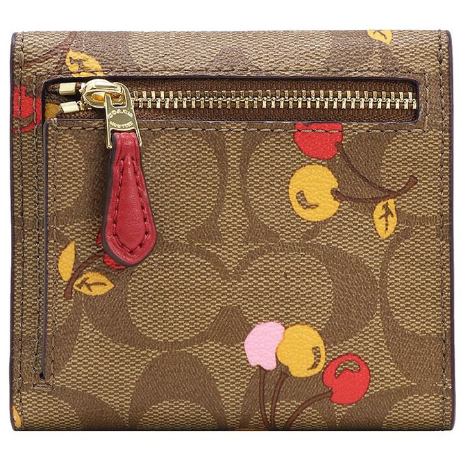 Coach Small Wallet In Signature Canvas With Cherry Print Khaki Multi / Gold # F31939