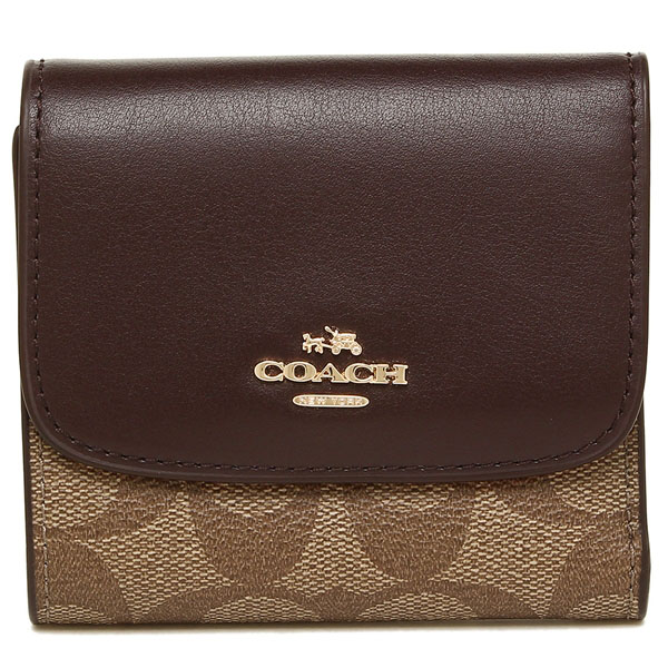 Coach Small Wallet In Signature Coated Canvas Khaki Oxblood Glitter # F87589