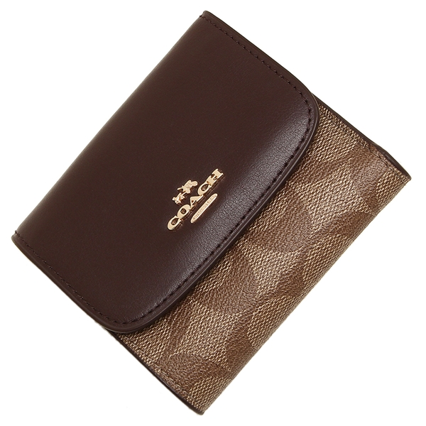 Coach Small Wallet In Signature Coated Canvas Khaki Oxblood Glitter # F87589