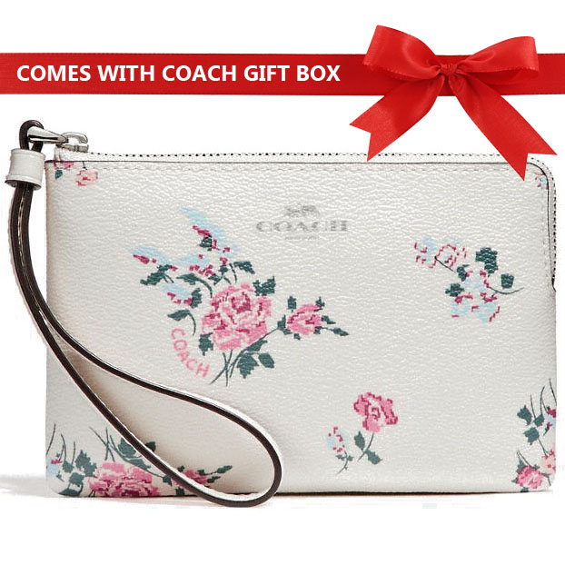 Coach Small Wristlet In Gift Box Corner Zip With Cross Stitch Floral Print Chalk White Multi / Silver # F26217