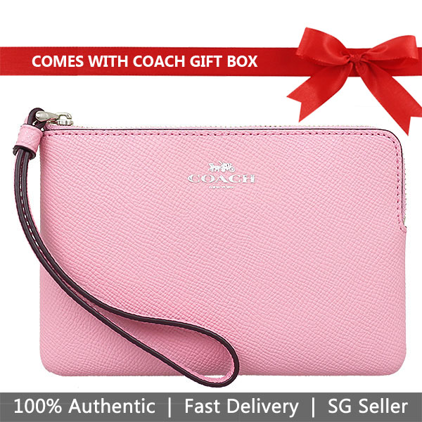 Coach Small Wristlet In Gift Box Corner Zip Wristlet In Crossgrain Leather Blush Pink / Silver # F58032