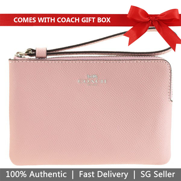 Coach Small Wristlet In Gift Box Corner Zip Wristlet In Crossgrain Leather Carnation Pink # F58032
