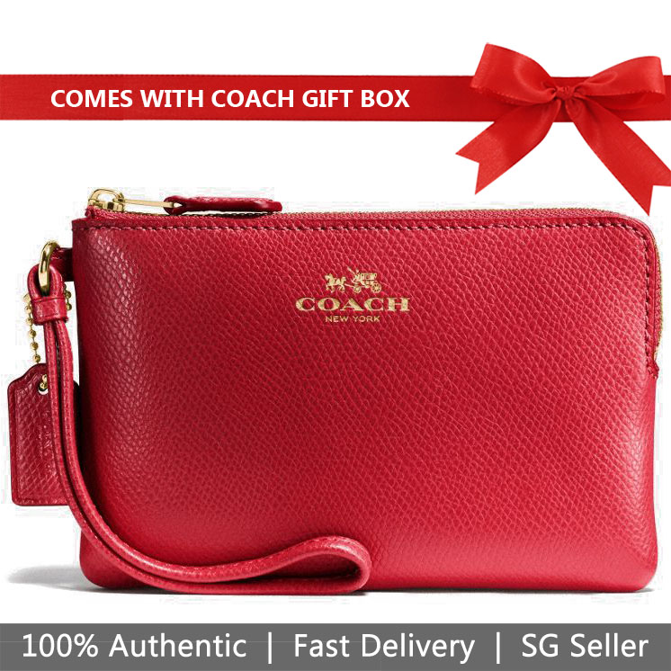 Coach Small Wristlet In Gift Box Corner Zip Wristlet In Crossgrain Leather True Red / Gold # F54626