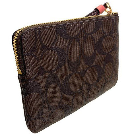 Coach Small Wristlet In Gift Box Corner Zip Wristlet In Signature Canvas Brown / Peony Pink / Gold # F58035