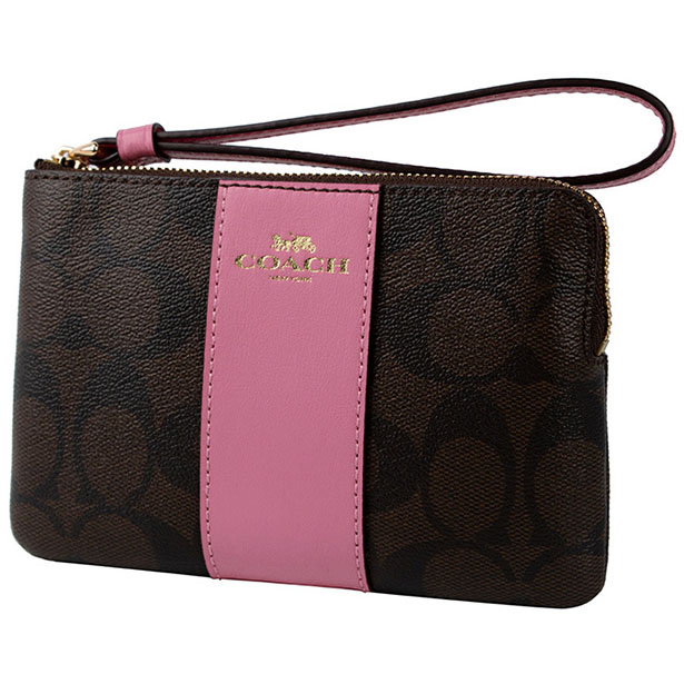 Coach Small Wristlet In Gift Box Corner Zip Wristlet In Signature Canvas Brown / Pink / Gold # F58035