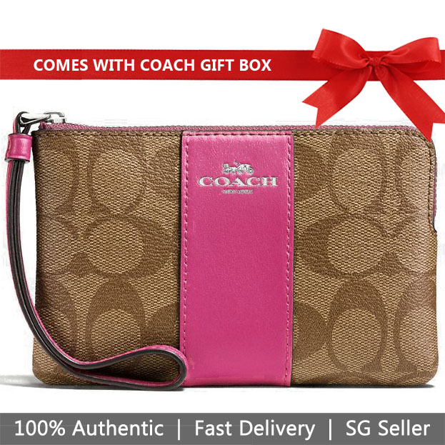 Coach Small Wristlet In Gift Box Corner Zip Wristlet In Signature Canvas Khaki / Cerise Pink / Silver # F58035