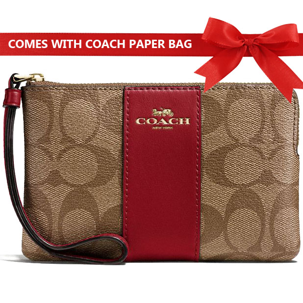 Coach Small Wristlet In Gift Box Corner Zip Wristlet In Signature Canvas Khaki / Cherry Red / Gold # F58035