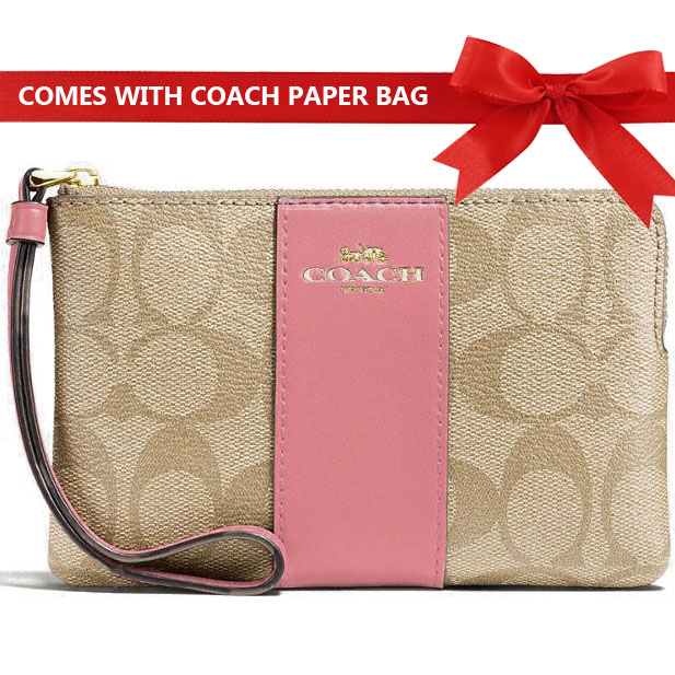 Coach Small Wristlet In Gift Box Corner Zip Wristlet In Signature Canvas Light Khaki / Peony Pink / Gold # F58035