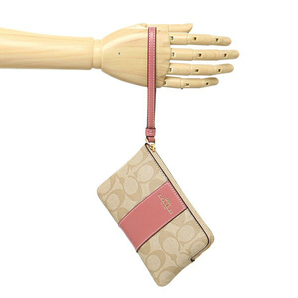 Coach Small Wristlet In Gift Box Corner Zip Wristlet In Signature Canvas Light Khaki / Peony Pink / Gold # F58035