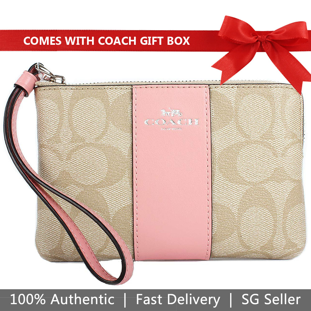Coach Small Wristlet In Gift Box Corner Zip Wristlet In Signature Canvas Light Khaki / Vintage Rose Pink # F58035