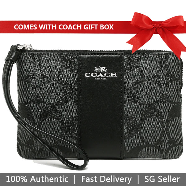 Coach Small Wristlet Corner Zip Wristlet In Signature Coated Canvas With Leather Stripe Black Smoke # F58035
