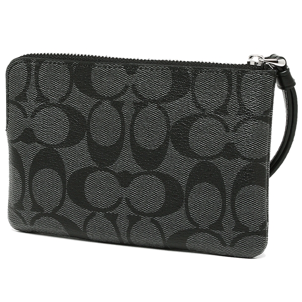 Coach Small Wristlet Corner Zip Wristlet In Signature Coated Canvas With Leather Stripe Black Smoke # F58035