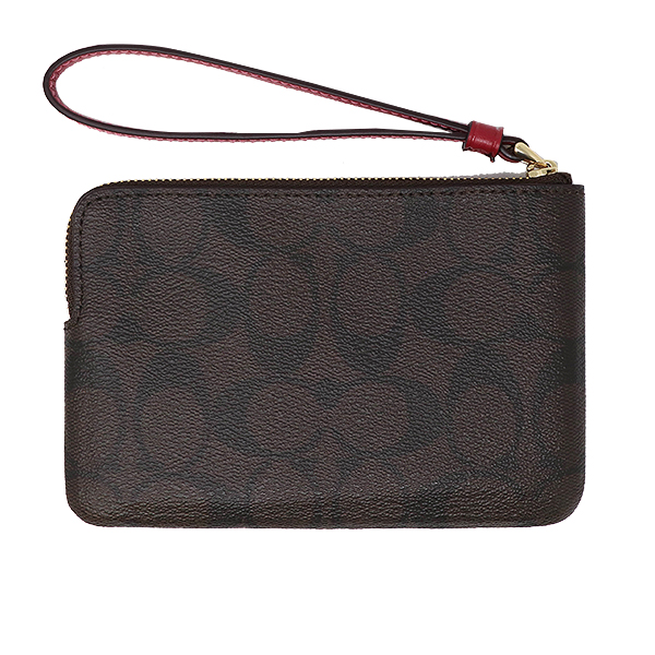Coach Small Wristlet In Gift Box Corner Zip Wristlet In Signature Coated Canvas With Leather Stripe Brown / Hot Pink # F58035