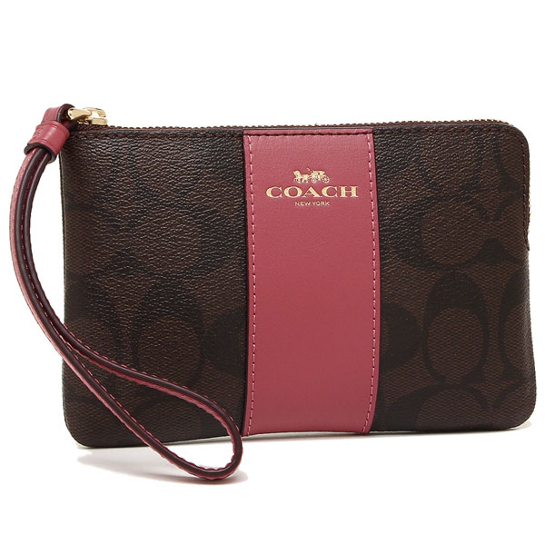 Coach Small Wristlet In Gift Box Corner Zip Wristlet In Signature Coated Canvas With Leather Stripe Brown / Rouge Pink # F58035