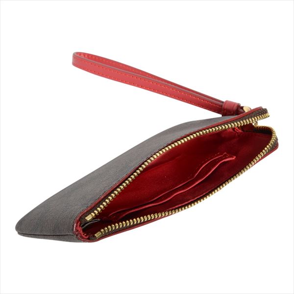 Coach Small Wristlet In Gift Box Corner Zip Wristlet In Signature Coated Canvas With Leather Stripe Brown / True Red # F58035