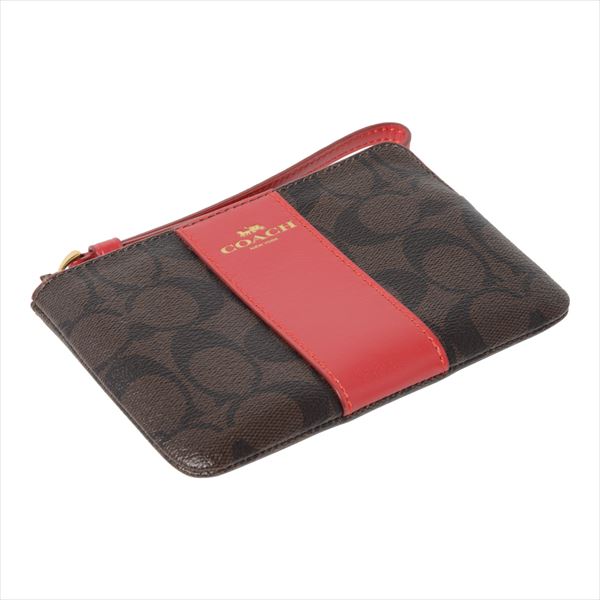Coach Small Wristlet In Gift Box Corner Zip Wristlet In Signature Coated Canvas With Leather Stripe Brown / True Red # F58035