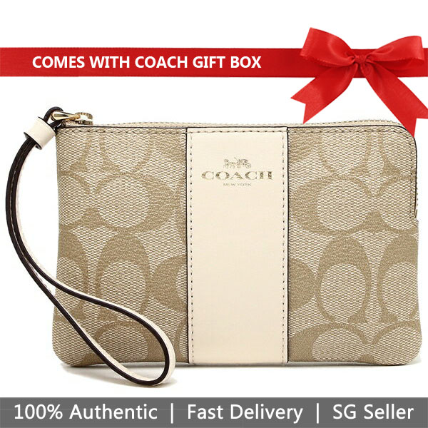 Coach Small Wristlet In Gift Box Corner Zip Wristlet In Signature Coated Canvas With Lea Light Khaki Chalk # 58035