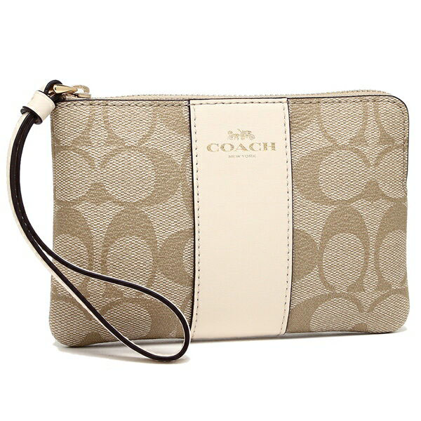 Coach Small Wristlet In Gift Box Corner Zip Wristlet In Signature Coated Canvas With Lea Light Khaki Chalk # 58035