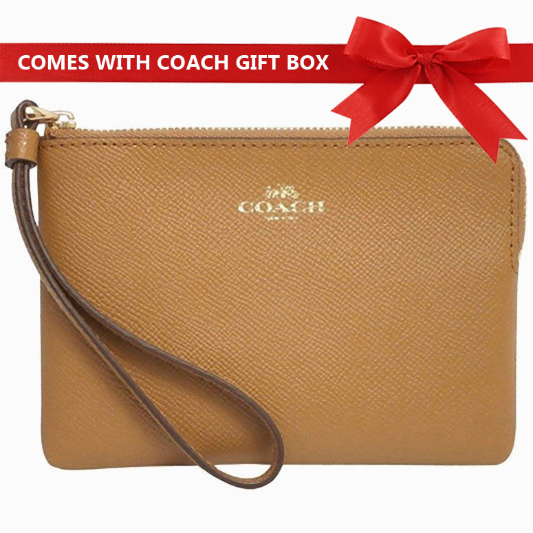 Coach Small Wristlet In Gift Box Corner Zip Wristlet Light Saddle Brown / Gold # F58032