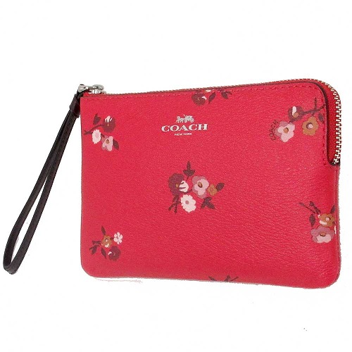 Coach Small Wristlet In Gift Box Corner Zip Wristlet With Baby Bouquet Print Bright Red Multi / Silver # F34316