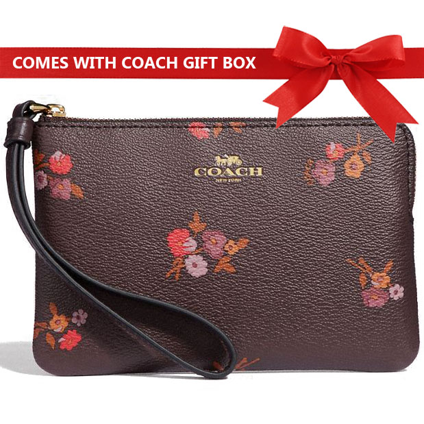 Coach Small Wristlet In Gift Box Corner Zip Wristlet With Baby Bouquet Print Oxblood / Gold # F34316