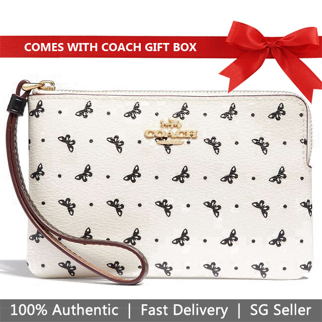 Coach Small Wristlet In Gift Box Corner Zip Wristlet With Butterfly Dot Print Chalk White / Black # F31244