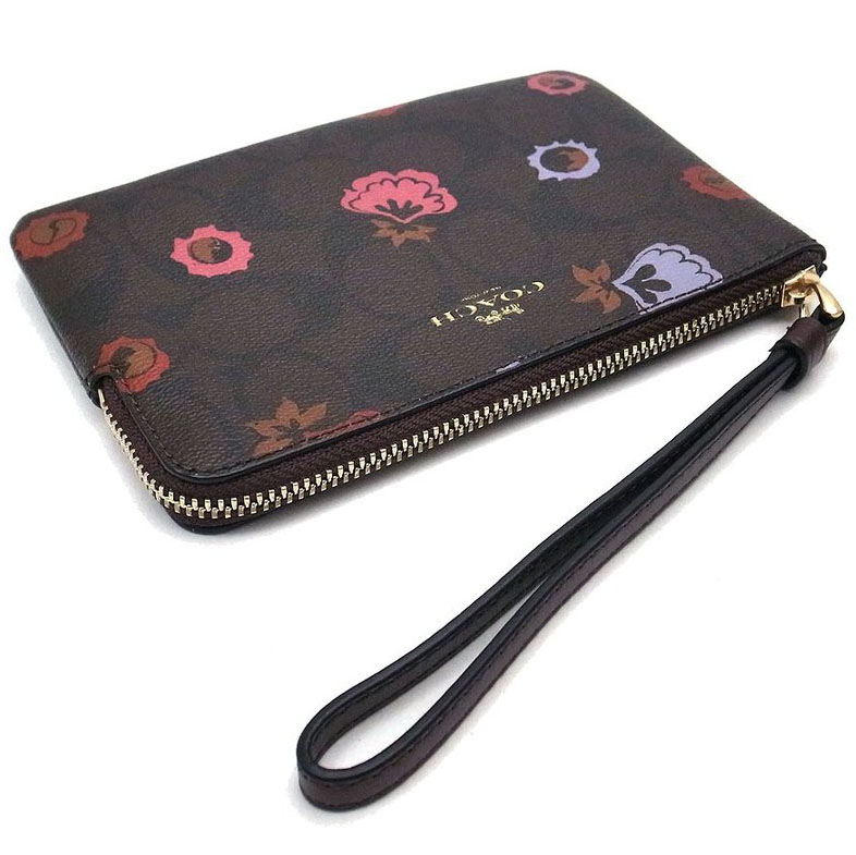 Coach Small Wristlet In Gift Box Corner Zip Wristlet With Primrose Floral Signature Print Brown # F24380