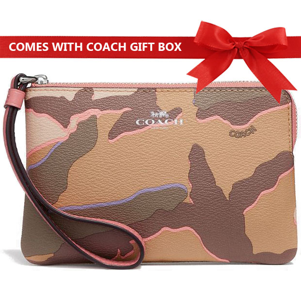 Coach Small Wristlet In Gift Box Corner Zip Wristlet With Wild Camo Print Khaki Multi / Silver # F32074